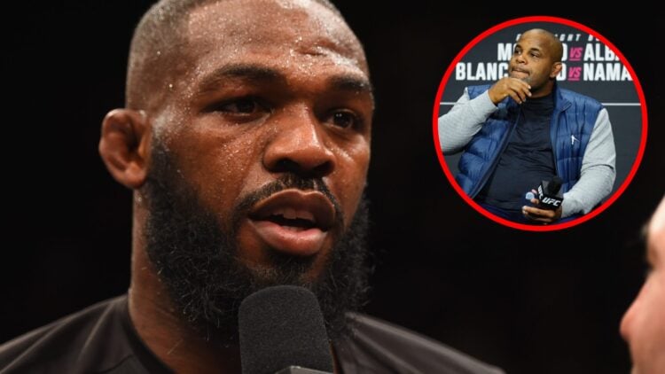 Jon Jones speaks after beating Ovince Saint Preux at UFC 197, inset Daniel Cormier on stage at a UFC Q&A session in Edmonton