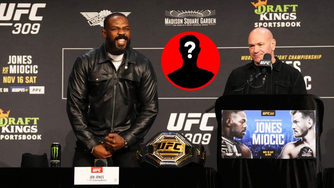 Jon Jones flexing at the UFC 309 press conference, with mystery inset