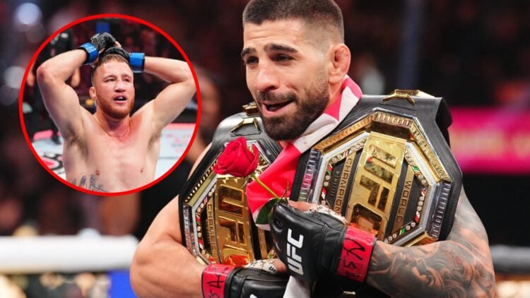Main: Ilia Topuria holds two UFC titles after his win over Charles Oliveira at UFC 317. Inset: Justin Gaethje after his win over Dustin Poirier at ...