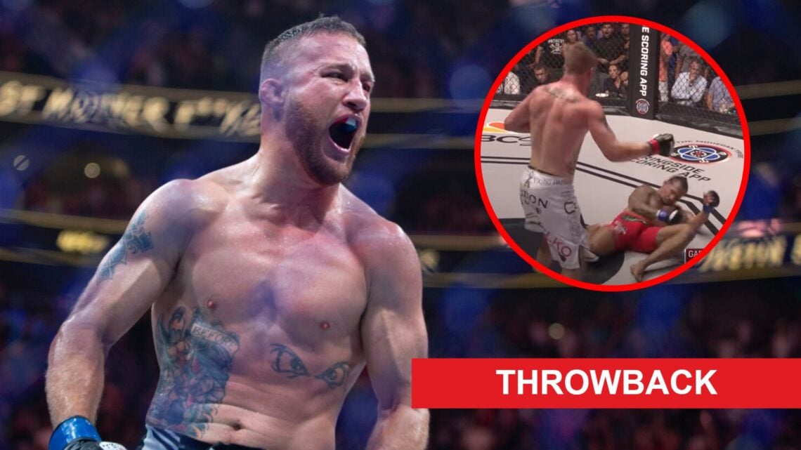 Justin Gaethje celebrates after beating Dustin Poirier at UFC 291, inset Gaethje drops Luis Palomino at WSOF 23