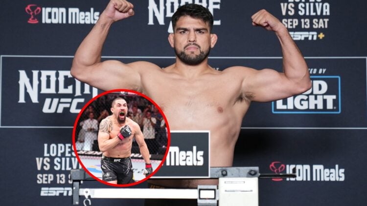 Kelvin Gastelum at Noche UFC weigh-ins, with inset of Robert Whittaker celebrating after UFC Saudi Arabia win