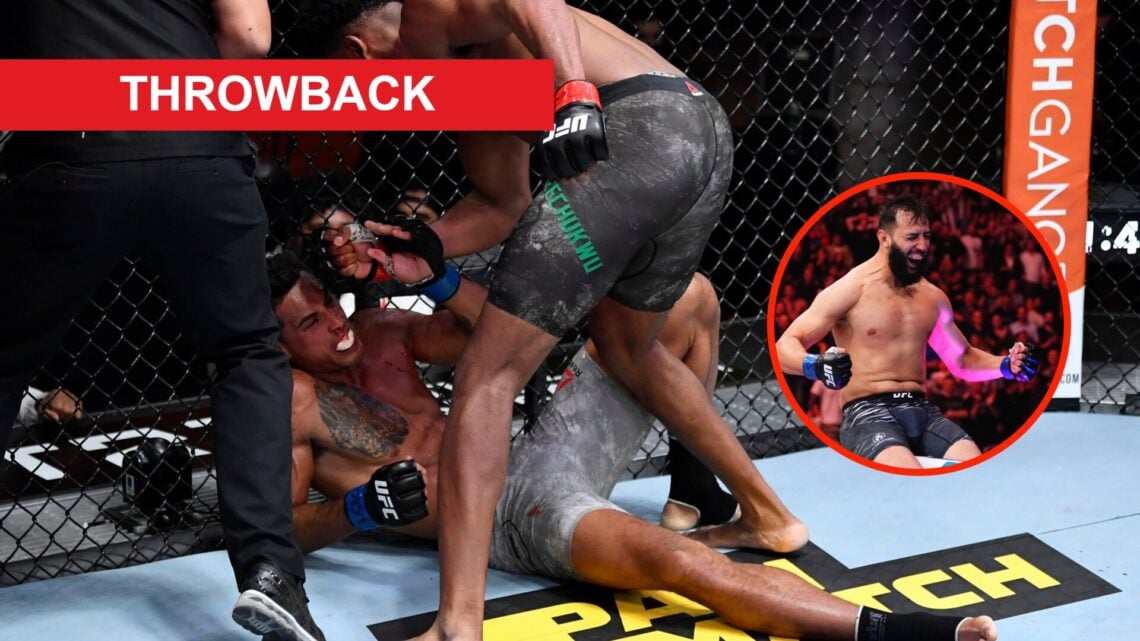 Kennedy Nzechukwu attacks Carlos Ulberg from above with an overlay of Dominick Reyes celebrates after finishing Nikita Krylov at UFC 314