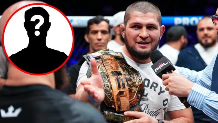 Khabib Nurmagomedov speaks while holding a PFL belt after Movlid Khaybulaev's win, inset mystery icon