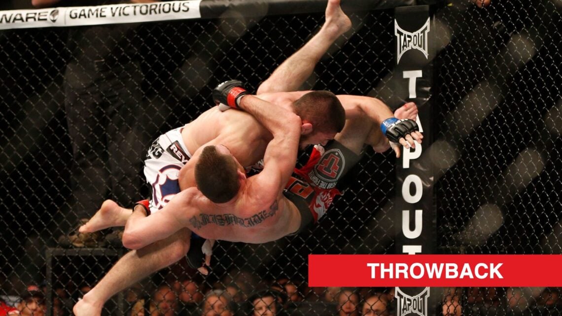 Khabib Nurmagomedov takes down Pat Healy during their fight at UFC 165