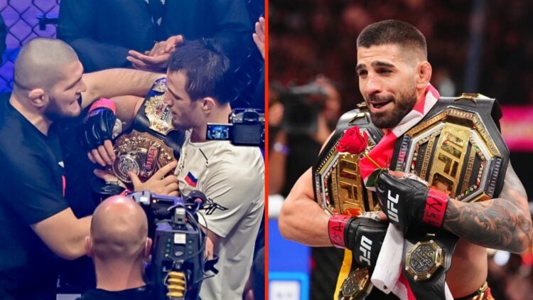Khabib Nurmagomedov and Usman Nurmagomedov celebrate PFL title win split with Ilia Topuria celebrating UFC 317 win