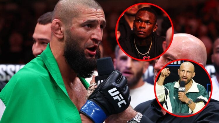Main: Khamzat Chimaev is interviewed by Joe Rogan after his win over Dricus du Plessis at UFC 319. Top inset: Israel Adesanya attends FUC 317. Bott...