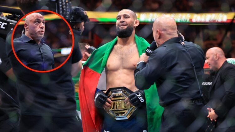 Khamzat Chimaev is awarded with the UFC title with inset of Joe Rogan reacting to his win