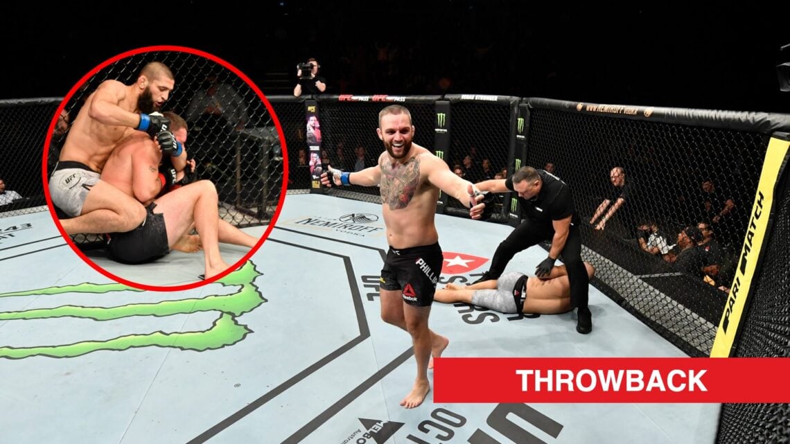 Main: John Phillips celebrates after knocking out Alen Amedovski in their fight at UFC Copenhagen. Inset: Khamzat Chimaev tries to submit John Phil...
