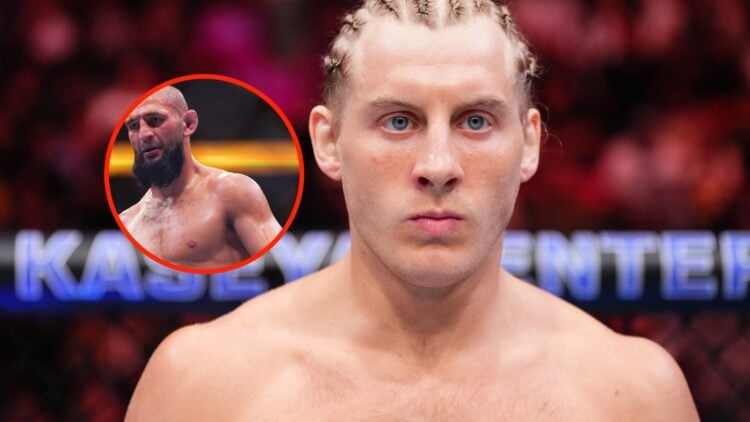 Insert: Khamzat Chimaev in the fourth round during his middleweight title fight with Dricus du Plessis at UFC 319. Center: Paddy Pimblett in the Oc...