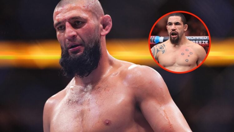 Center: Khamzat Chimaev following round four of his UFC 319 title fight. Insert: Robert Whittaker in the Octagon ahead of his middleweight fight wi...