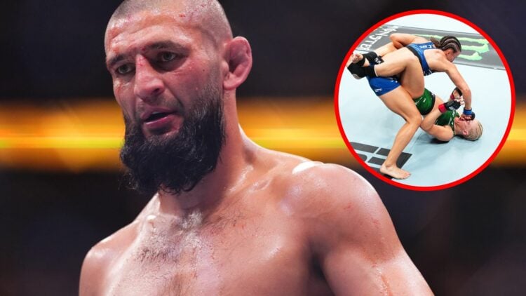 Khamzat Chimaev looks on during his fight with Dricus du Plessis at UFC 319, inset Sam Hughes punches Shauna Bannon at UFC Paris