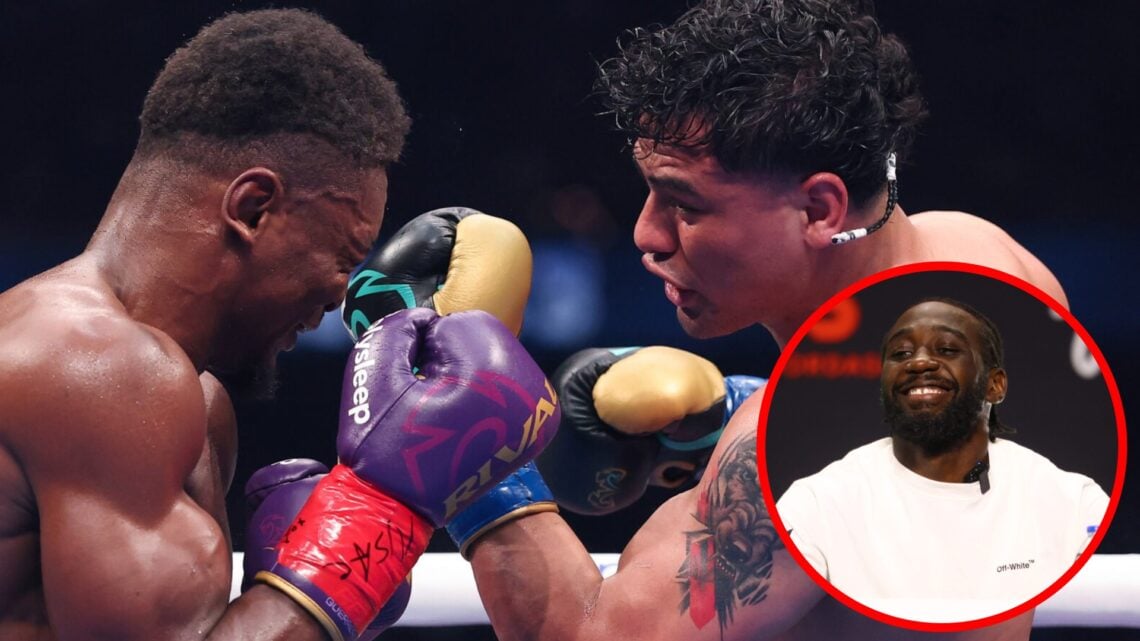Lester Martinez punches Christian M'billi at Allegiant Stadium in Las Vegas, inset Terence Crawford smiles on stage at a press conference in Las Vegas