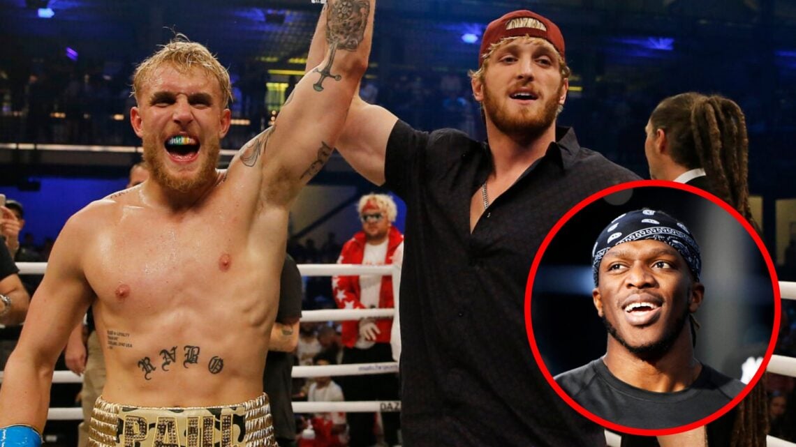 Logan Paul raises his brother Jake Paul's hand after be beat AnEsonGib in Miami, inset KSI looks on during the Prime Card public workout