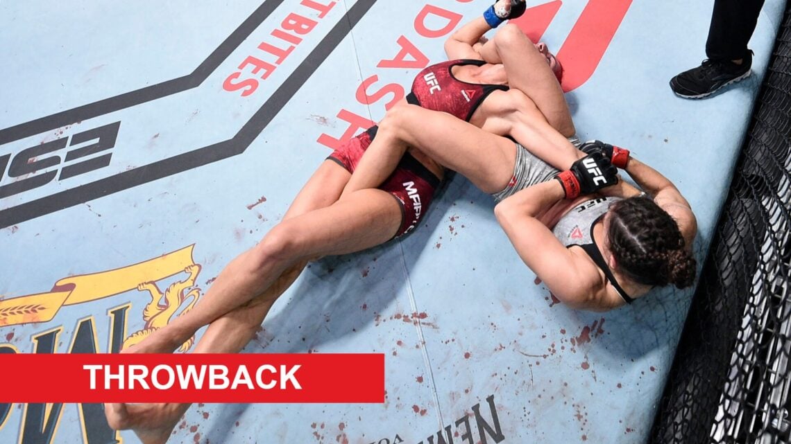 Mackenzie Dern submits Randa Markos at the UFC Apex, inset throwback banner