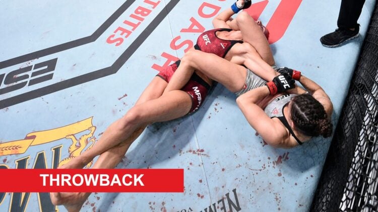 Mackenzie Dern submits Randa Markos at the UFC Apex, inset throwback banner