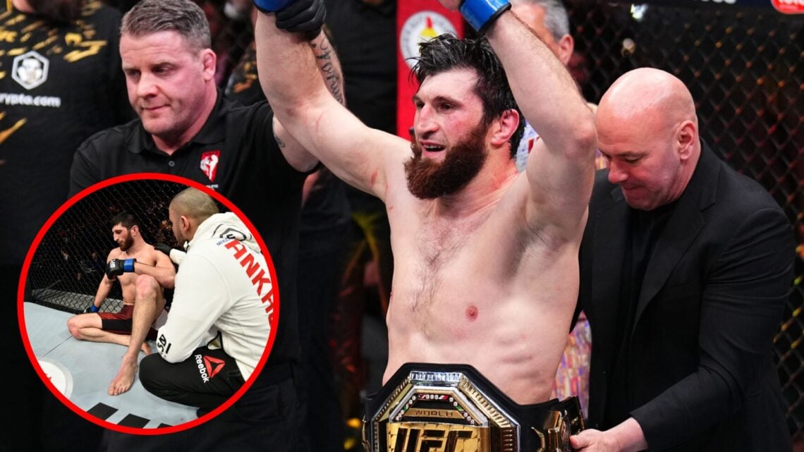 Magomed Ankalaev celebrates after beating Alex Pereira at UFC 313, inset Ankalaev reacts to his first UFC loss against Paul Craig