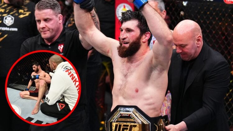 Magomed Ankalaev celebrates after beating Alex Pereira at UFC 313, inset Ankalaev reacts to his first UFC loss against Paul Craig