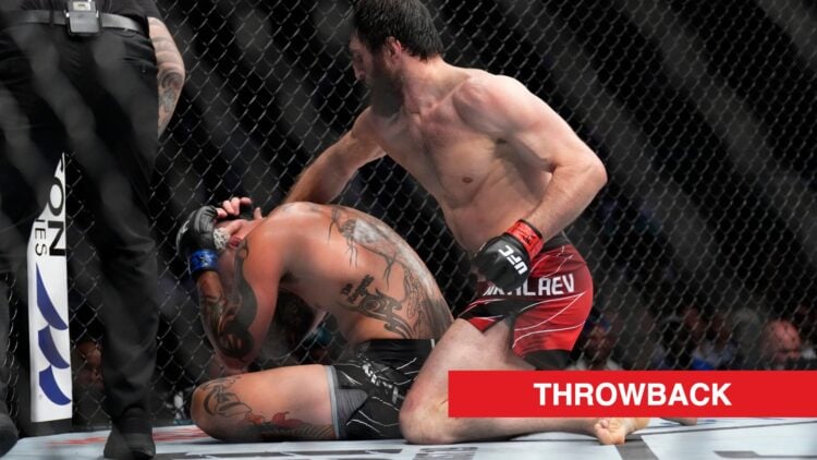 Magomed Ankalaev punches Anthony Smith on the ground during their fight at UFC 277