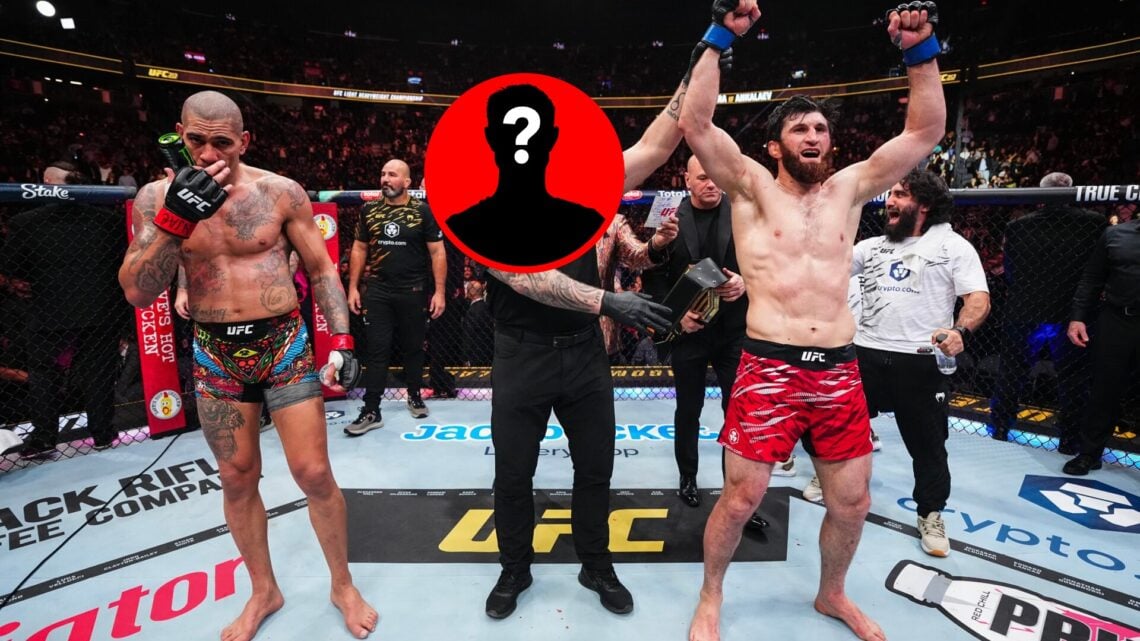 Magomed Ankalaev gets his hand raised against Alex Pereira at UFC 313, with mystery inset