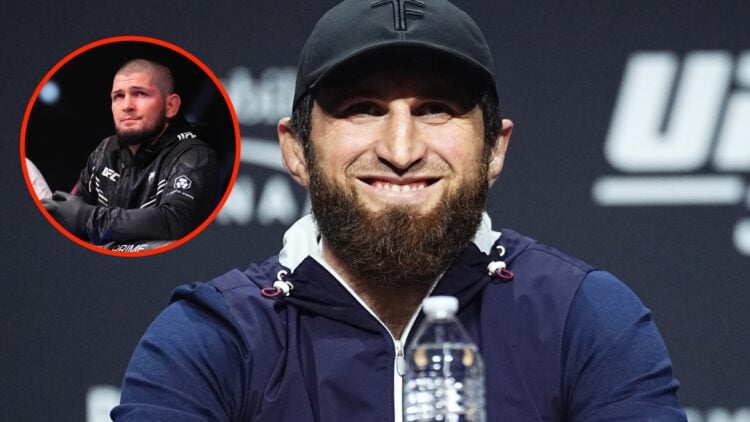 Magomed Ankalaev at the UFC 313 press conference with an inset of Khabib Nurmagomedov in the corner at UFC Abu Dhabi