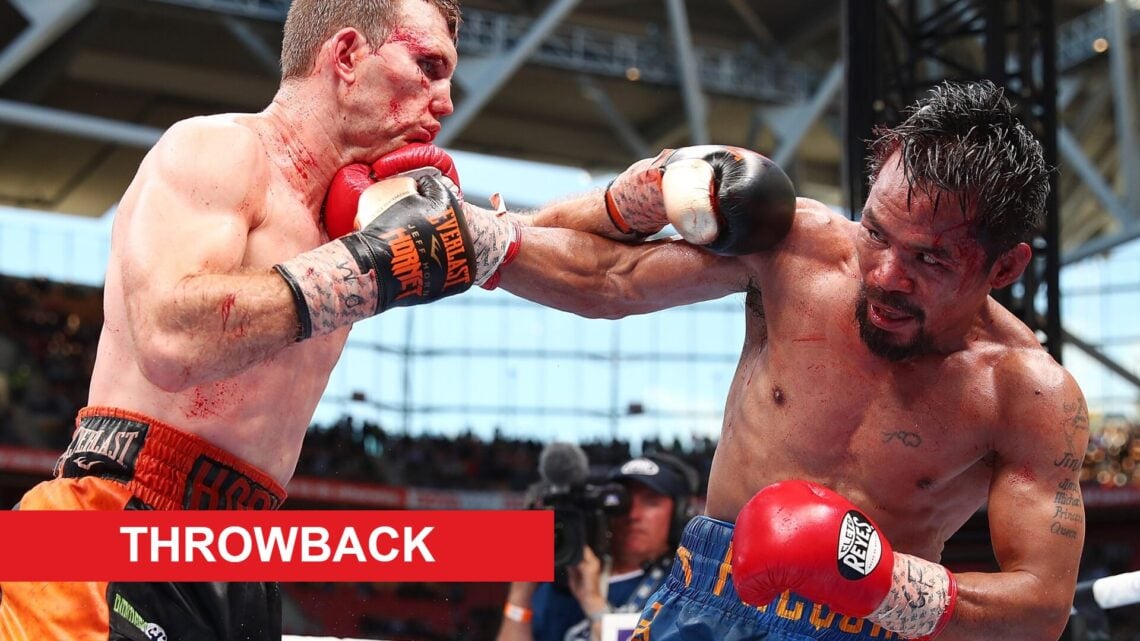 Manny Pacquiao and Jeff Horn trade punches in Australia, inset throwback banner