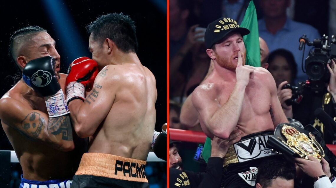 Canelo Alvarez shushes Gennady Golovkin after winning in their rematch and Manny Pacquiao and Mario Barrios come together during their 2025 fight