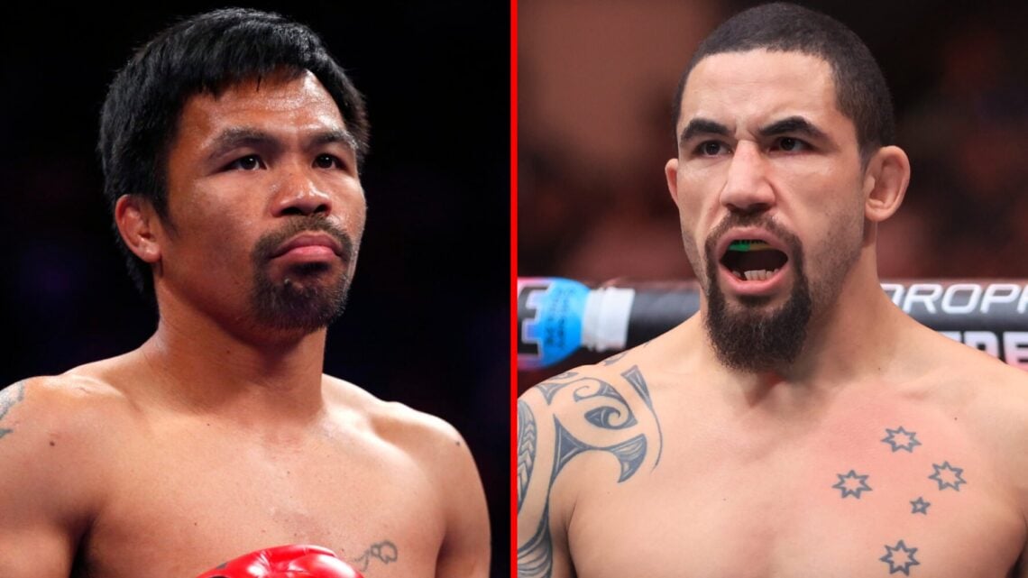 Left: Manny Pacquiao in the ring during his fight with Keith Thurman. Right: Robert Whittaker inside the cage for his fight against Paulo Costa at ...