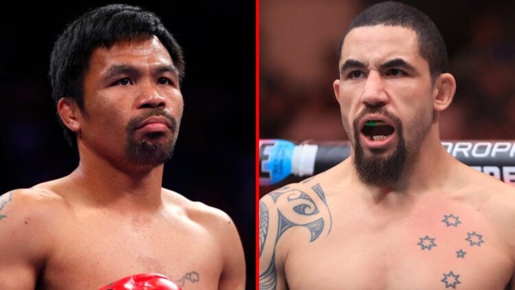 Left: Manny Pacquiao in the ring during his fight with Keith Thurman. Right: Robert Whittaker inside the cage for his fight against Paulo Costa at ...