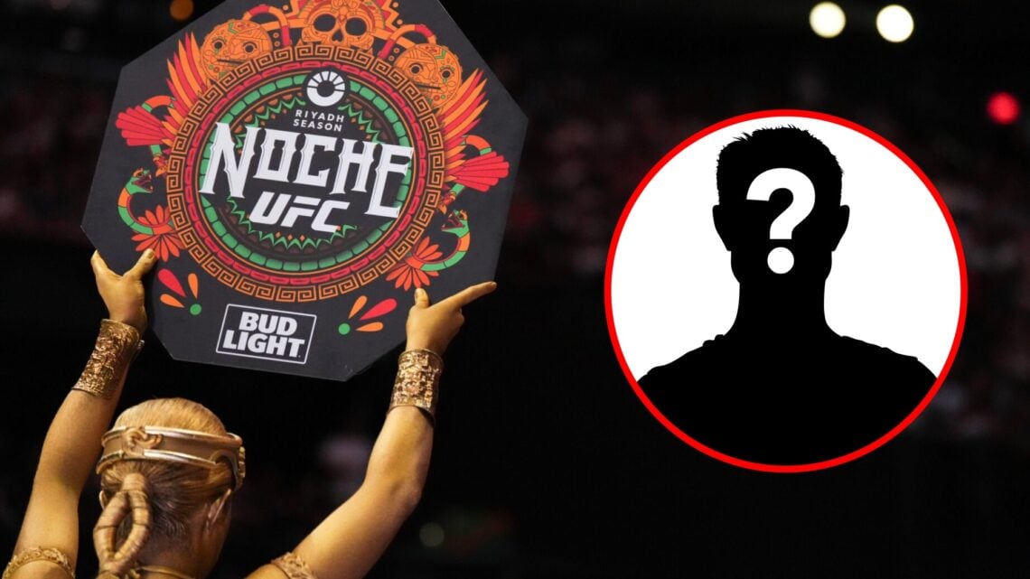 Mariel Valladares holds up a Noche UFC ring card at UFC 306 at Sphere, inset mystery icon