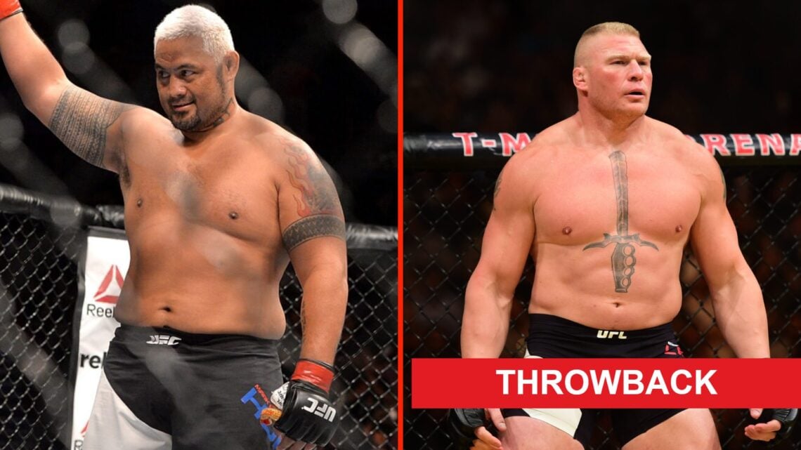 Mark Hunt celebrates after knocking down Frank Mir at UFC Brisbane and Brock Lesnar stands in the octagon before his fight with Mark Hunt at UFC 200
