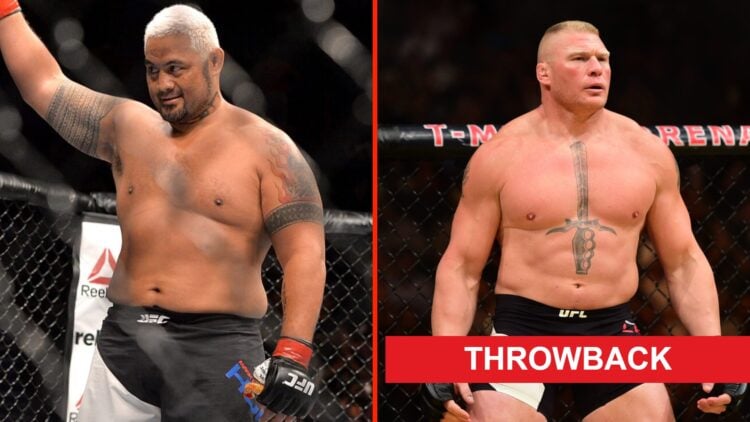 Mark Hunt celebrates after knocking down Frank Mir at UFC Brisbane and Brock Lesnar stands in the octagon before his fight with Mark Hunt at UFC 200