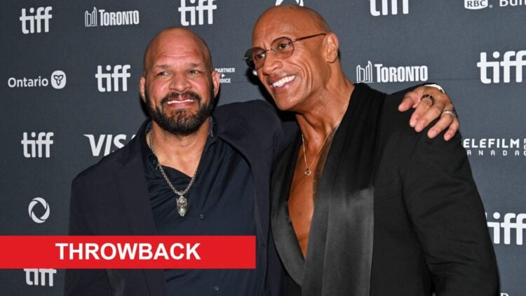 Mark Kerr and Dwayne Johnson pose at the 2025 Toronto International Film Festival, inset throwback banner