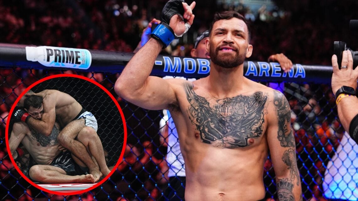 Mauricio Ruffy prepares to face King Green at UFC 313, inset Benoit Saint-Denis grapples Ruffy at UFC Paris