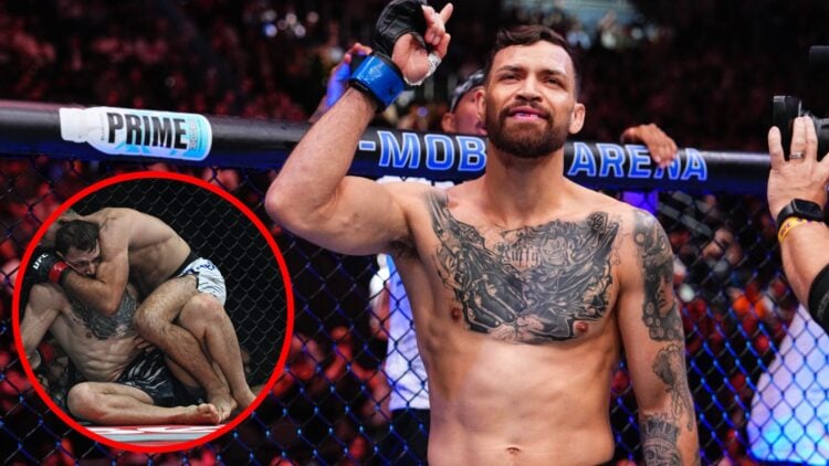 Mauricio Ruffy prepares to face King Green at UFC 313, inset Benoit Saint-Denis grapples Ruffy at UFC Paris