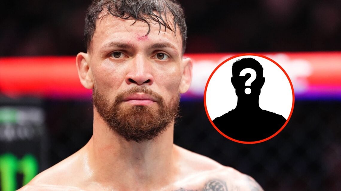 Center: Mauricio Ruffy in the Octagon after his submission loss to Benoit Saint-Denis at UFC Fight Night Paris in September, 2025. Insert: Mystery ...