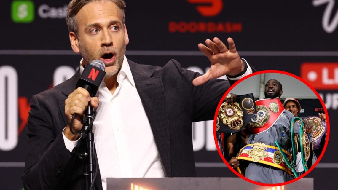 Max Kellerman speaks during the Canelo vs Crawford press conference, inset Terence Crawford holds his titles after beating Canelo Alvarez