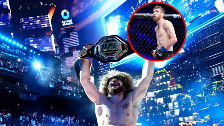 Merab Dvalishvili celebrating title win at UFC 306 at Sphere, with inset of Cory Sandhagen at UFC 267