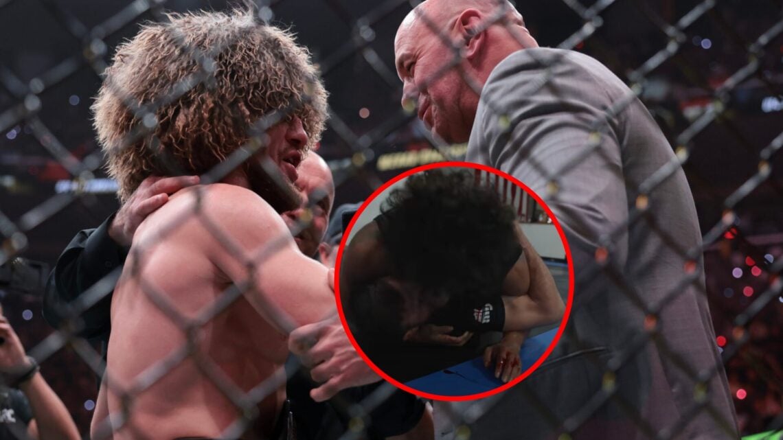 Main: Dana White and Merab Dvalishvili chat after Dvalishvili's win at UFC 311. Inset: Raul Rosas Jr. is bleeding while grappling Merab Dvalishvili...