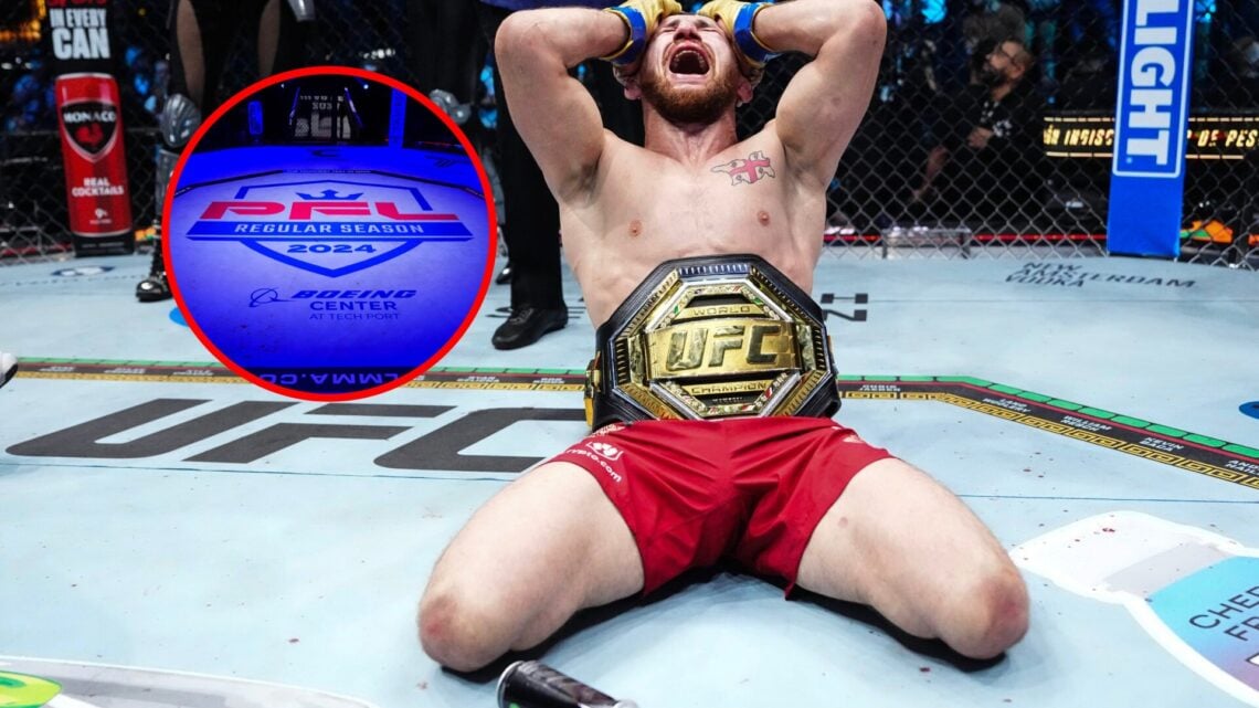Merab Dvalishvili reacts to UFC title win at UFC 306, with inset of PFL SmartCage