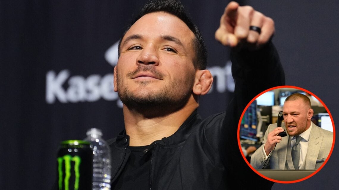Michael Chandler at the UFC 314 press conference with an inset of Conor McGregor on the phone during a charity day