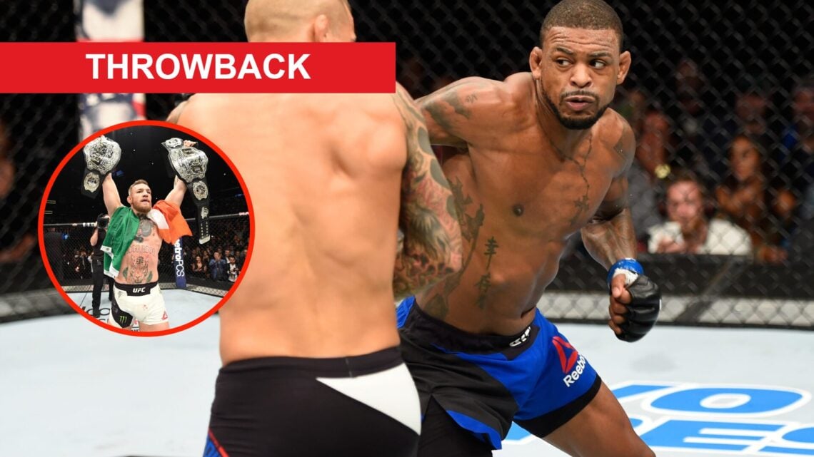 Michael Johnson punches Dustin Poirier during their 2016 bout with an insert of Conor McGregor celebrates with both belts at UFC 205