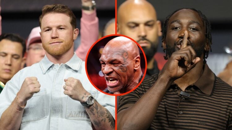 Canelo Alvarez and Terence Crawford during their pre-fight press conference with an inset of Mike Tyson