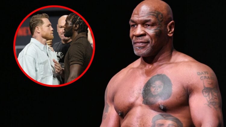 Mike Tyson weighs in for his fight with Jake Paul, inset of Canelo Alvarez and Terence Crawford facing off