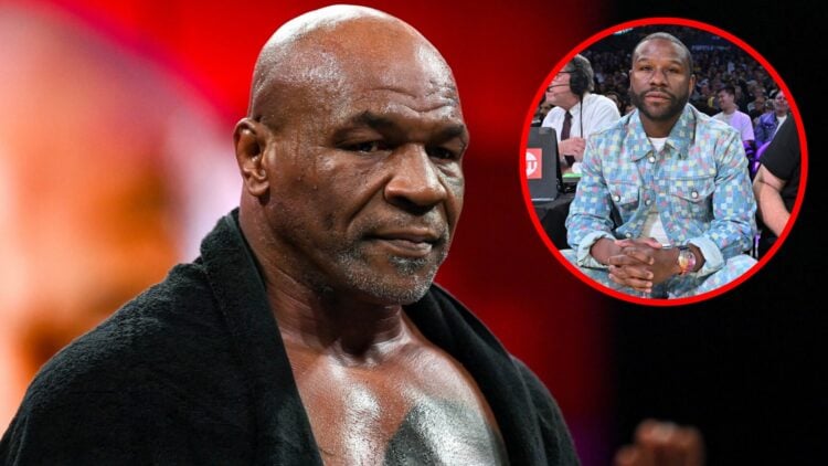 Mike Tyson at his Jake Paul open workout, inset of Floyd Mayweather at a basketball game