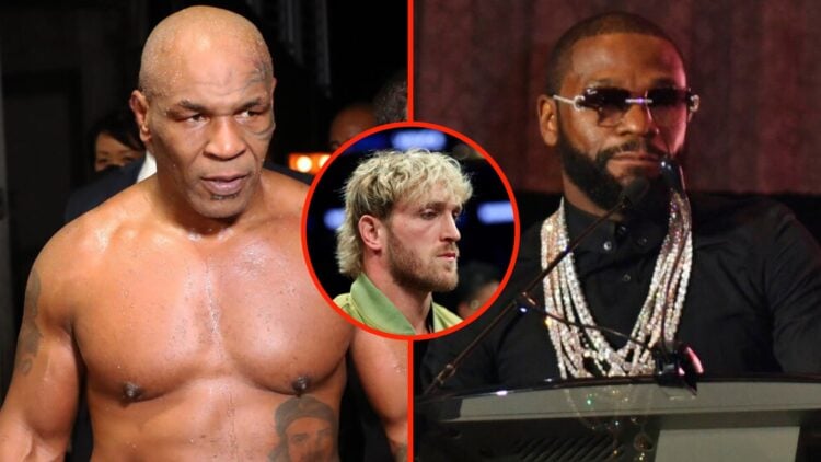 Left: Mike Tyson after his fight with Roy Jones Jr. in 2020. Insert: Logan looks on during the fight between Jake Paul and Julio Cesar Chavez Jr. R...