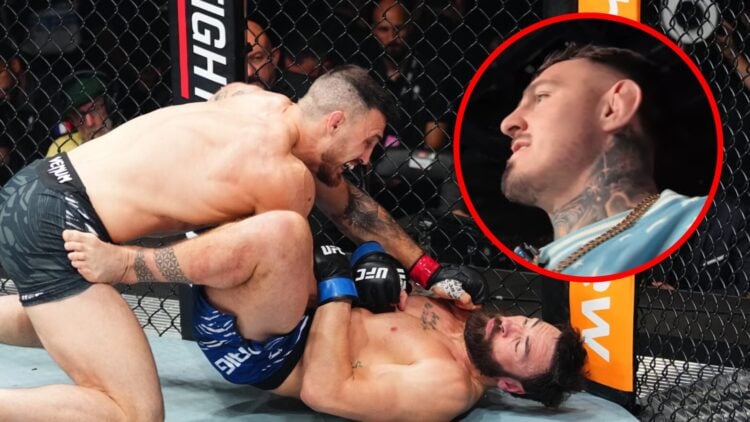 Modestas Bukauskas punches Paul Craig at UFC Paris, inset Tom Aspinall looks on during UFC Paris