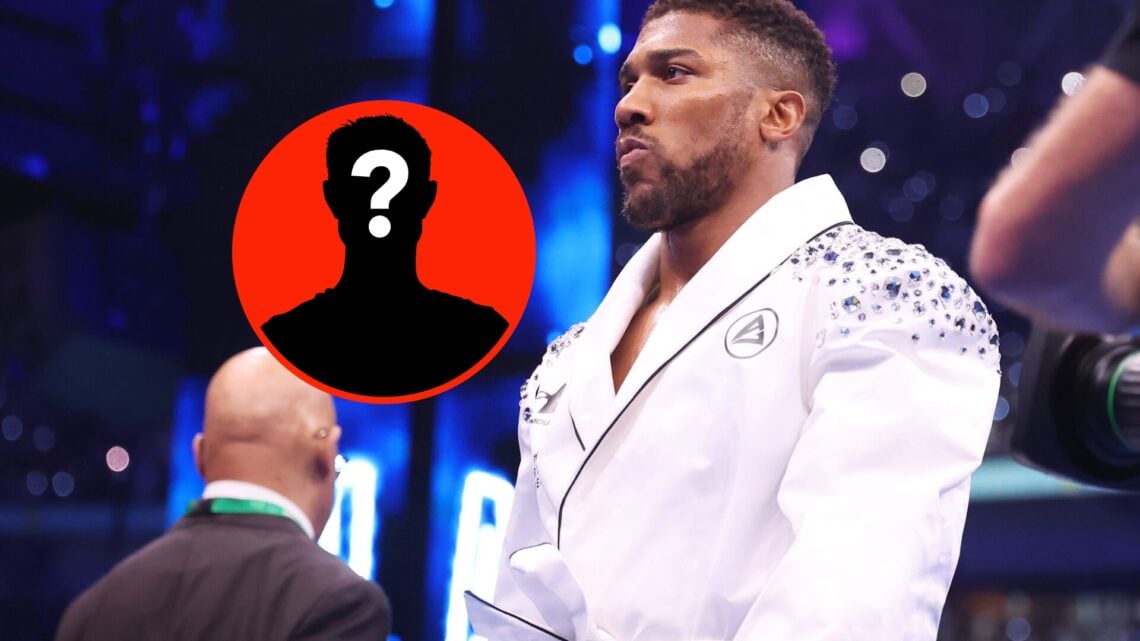 Insert: Mystery Fighter. Center: Anthony Joshua moments before his heavyweight title fight against Daniel Dubois.