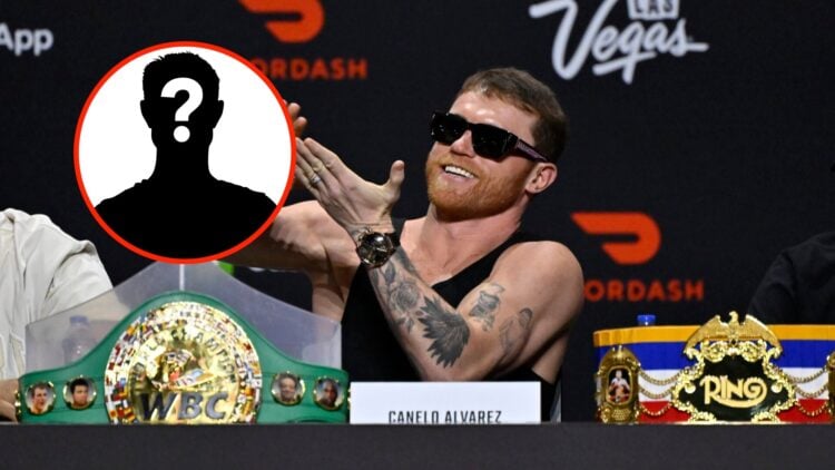 Insert: Mystery Fighter. Center: Canelo Alvarez attends a pre-fight press conference ahead of his undisputed super middleweight title fight with Te...