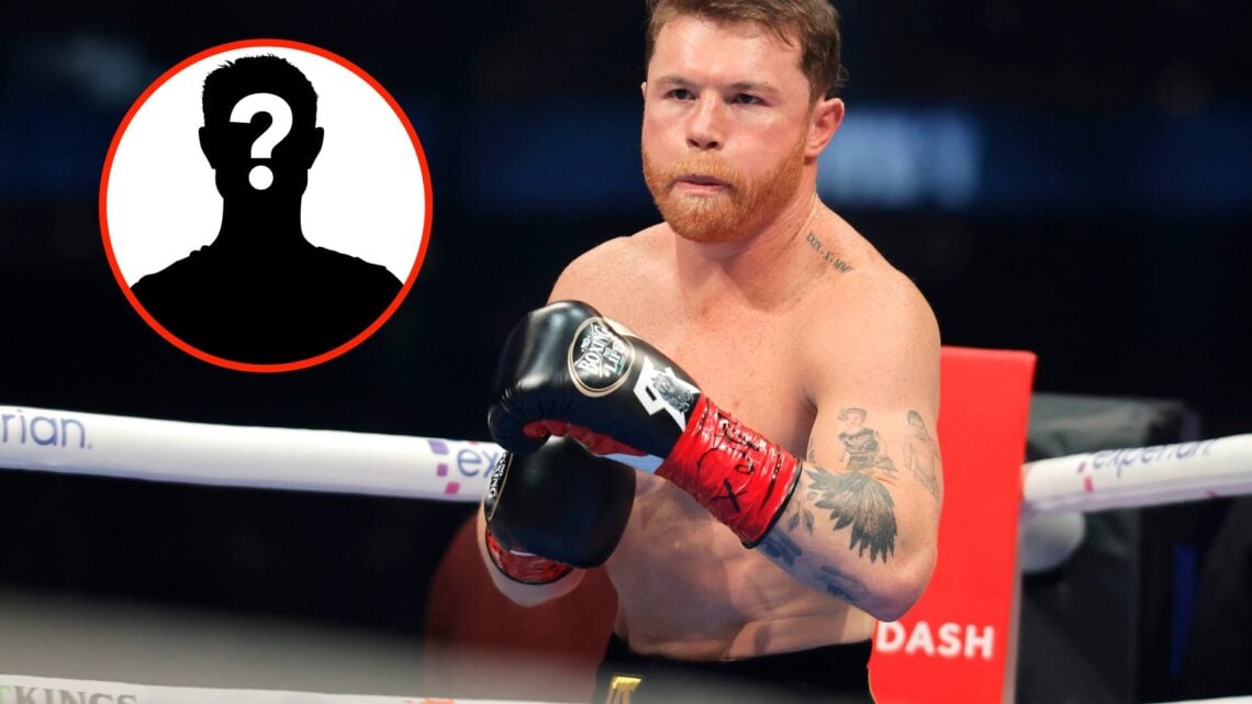 Insert: Mystery Fighter. Center: Canelo Alvarez in the ring ahead of his undisputed super middleweight title fight with Terence Crawford in Septemb...