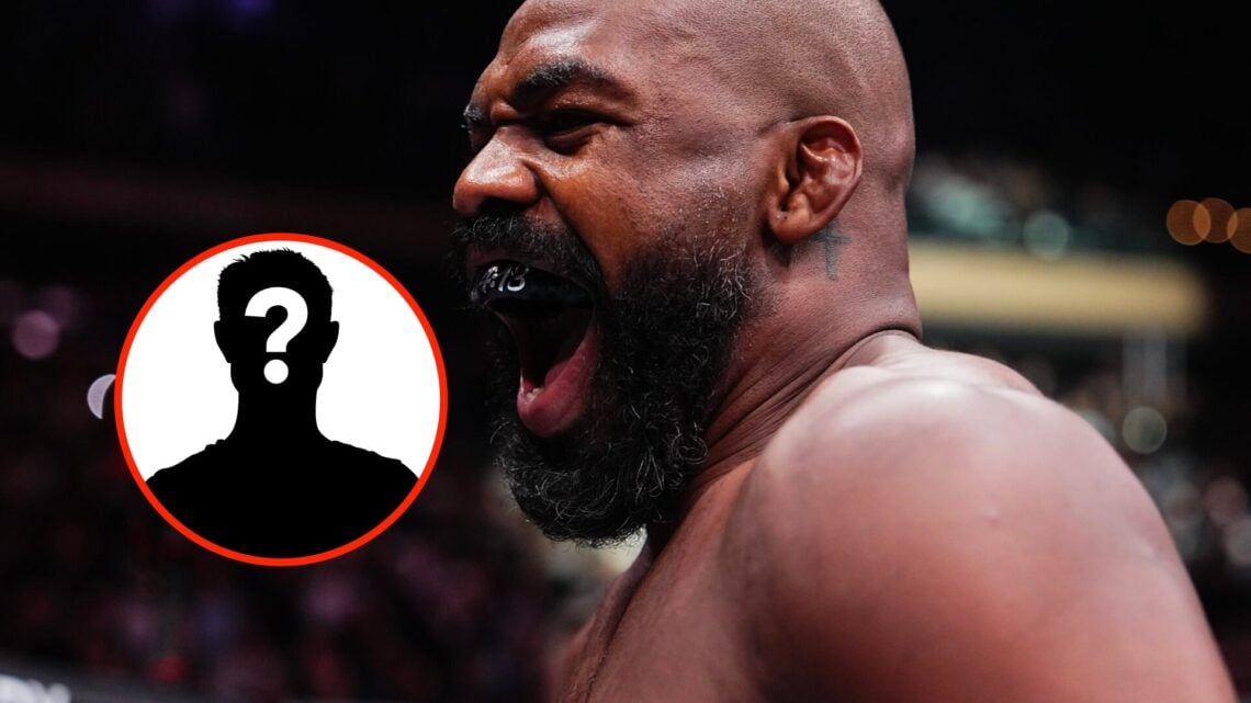 Insert: Mystery Fighter. Center: Jon Jones in the Octagon after his knockout win over Stipe Miocic in November, 2024.